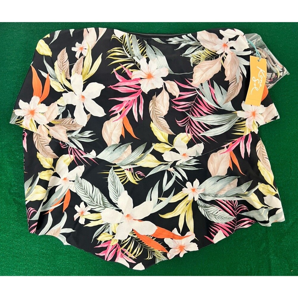 Kona Sol Women’s Tropical Print Tiered Bandeau Tankini Top Black Medium 8-10 NEW